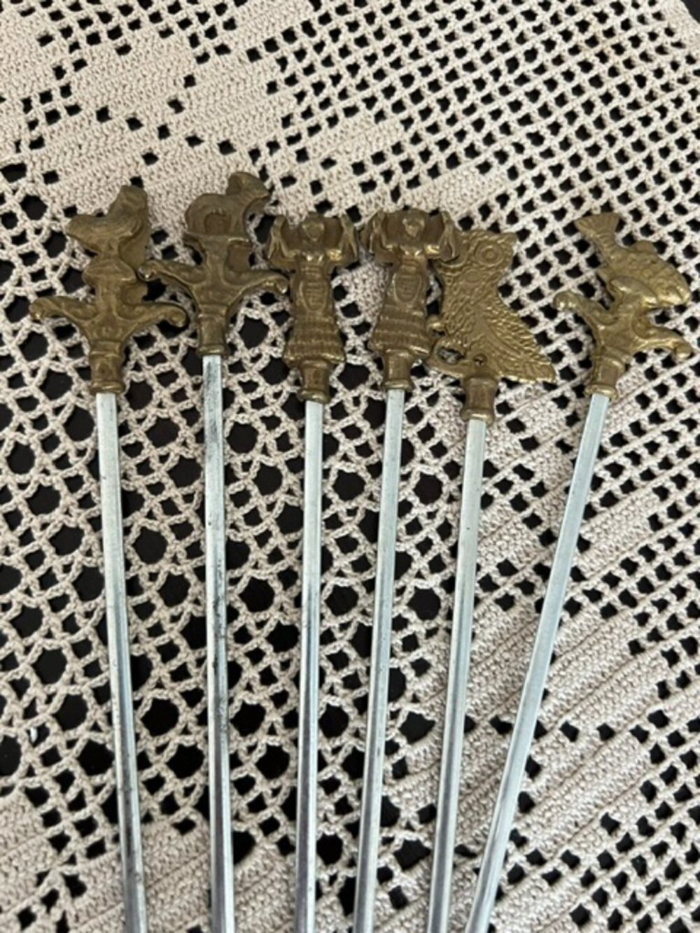 VTG Set Of 6 Turkish Skewers with Various Decorative Brass Tops